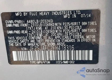 2015 Subaru Forester 2.5I Premium z USA, uszkodzony, nr VIN JF2SJAFC2FH478316